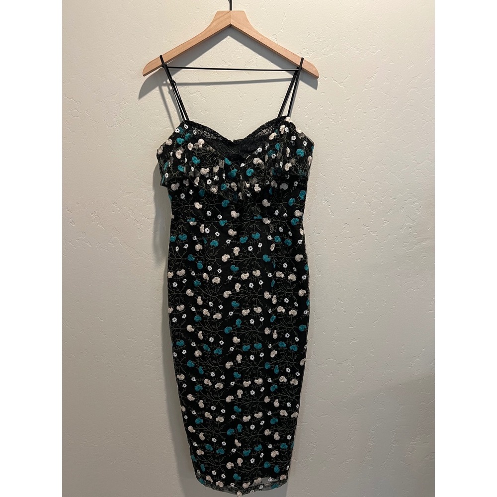 Cooper St Black Floral Lace Midi Dress Spaghetti Strap Sheer Overlay